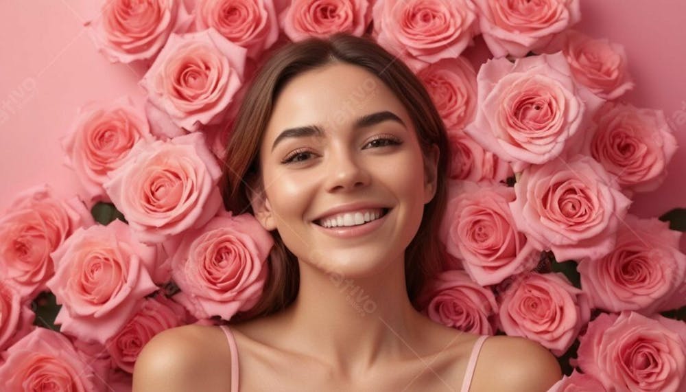 Composição Tema Dia Da Mulher Gerada Por I.a Em Fundo De Pétalas De Rosas V.15