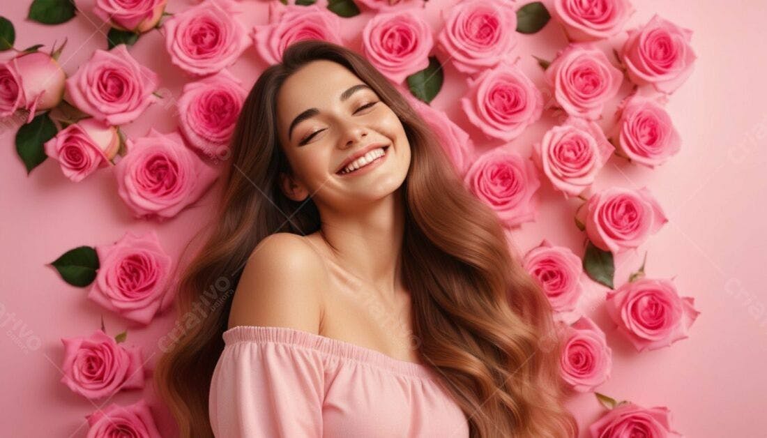 Mulher sorrindo cercada por rosas cor-de-rosa
