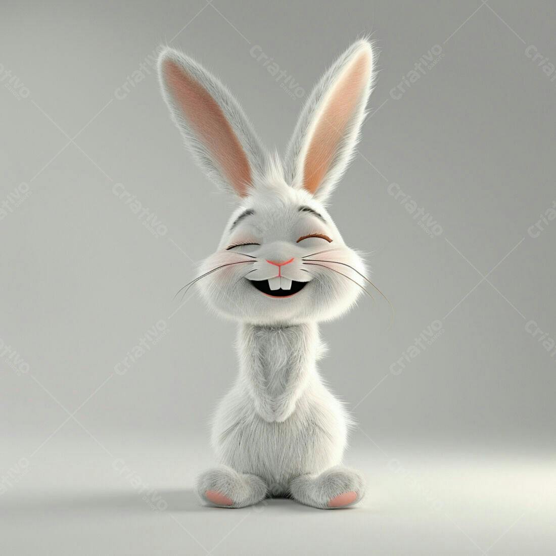 Coelho branco feliz sentado fundo cinza