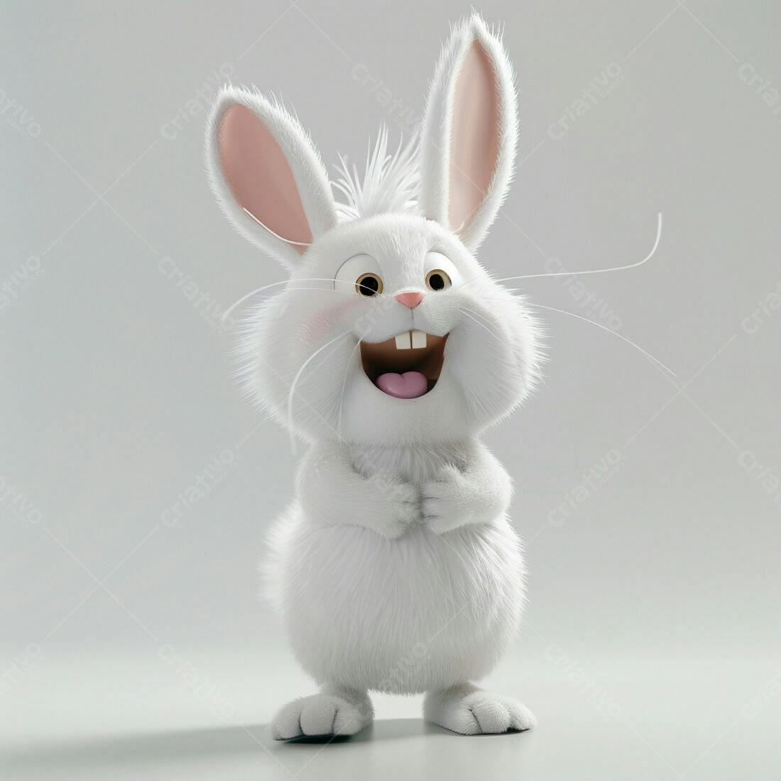Coelho branco feliz em fundo cinza