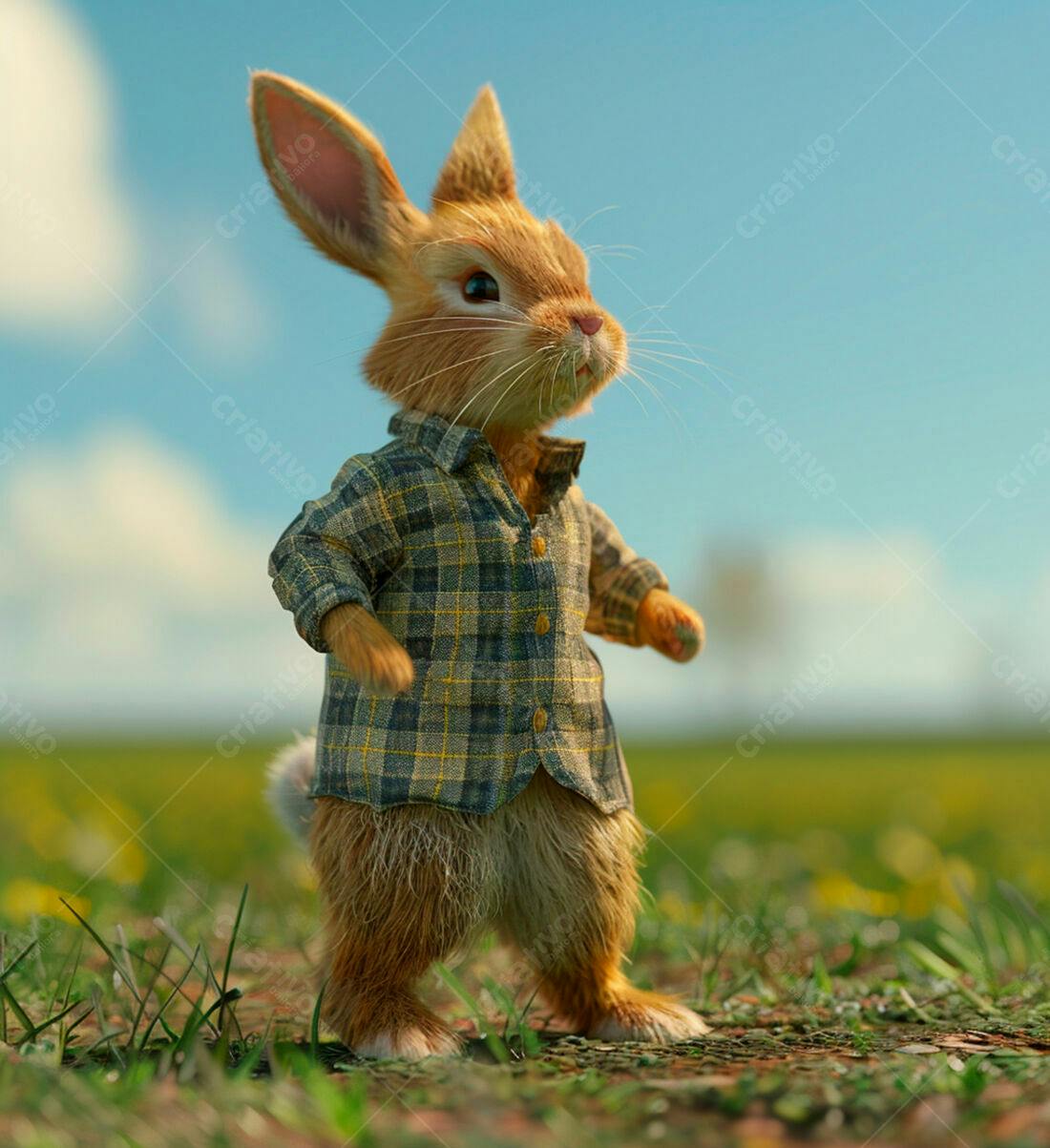 Coelho usando camisa xadrez em campo