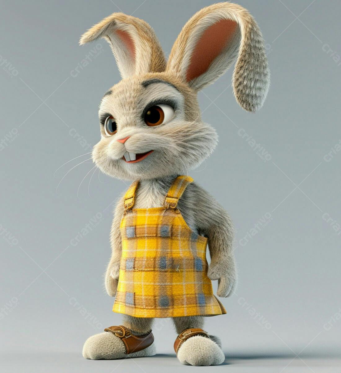 Coelhinho fofo com vestido xadrez amarelo