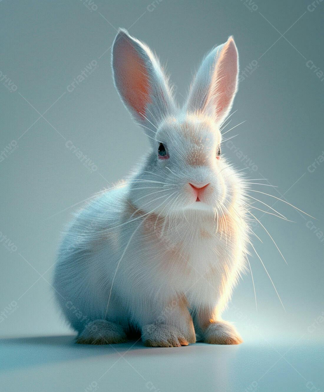 Coelho branco peludo em fundo azul claro