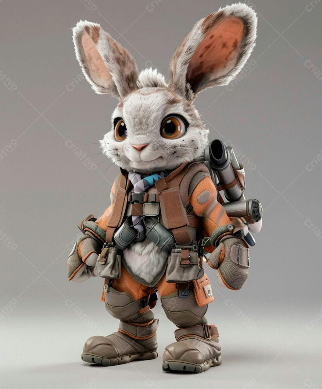 Coelhinho explorador com mochila em fundo cinza