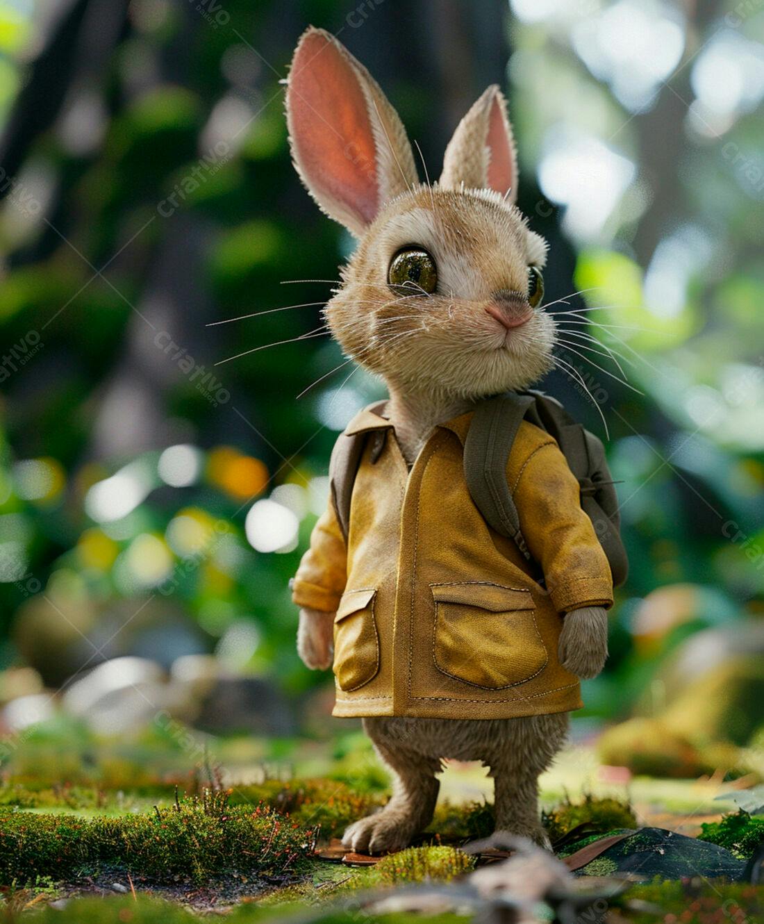 Coelhinho aventureiro com mochila na floresta