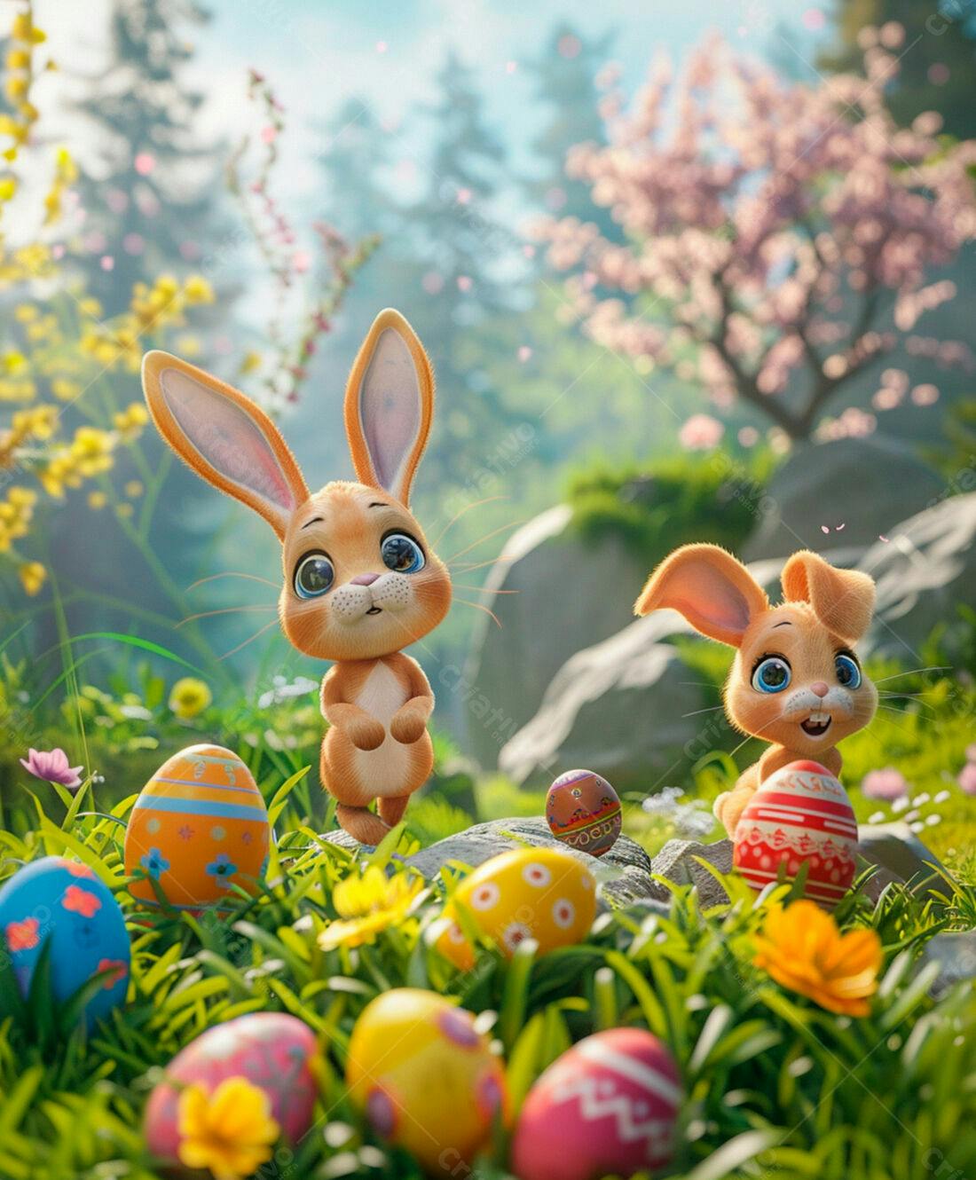 Coelhos fofos com ovos de Páscoa na primavera