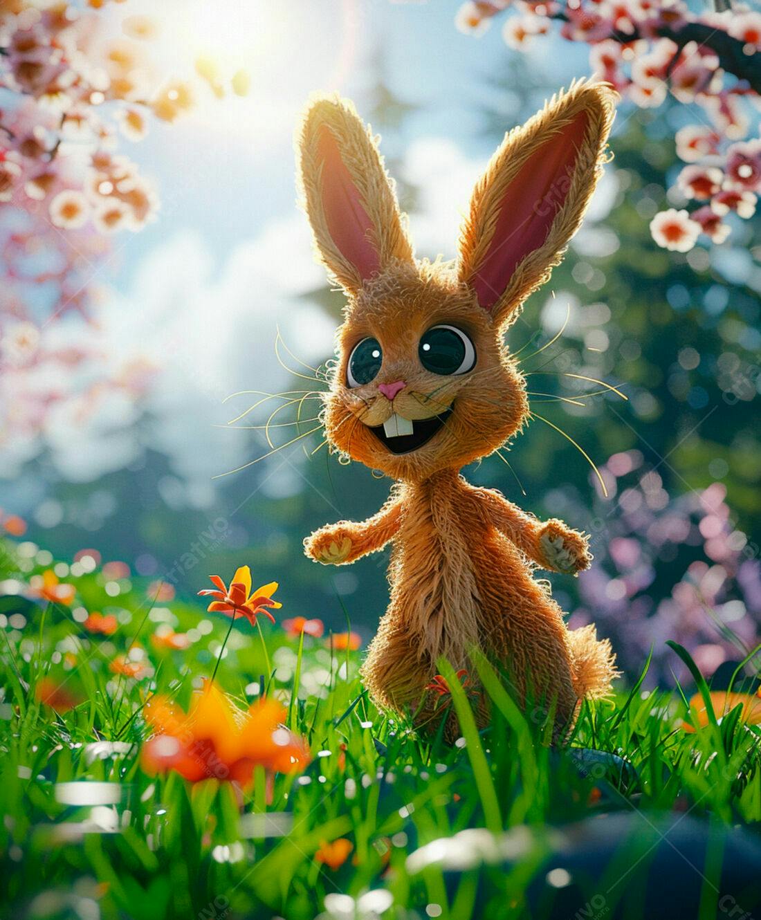 Coelho feliz em campo florido Primavera