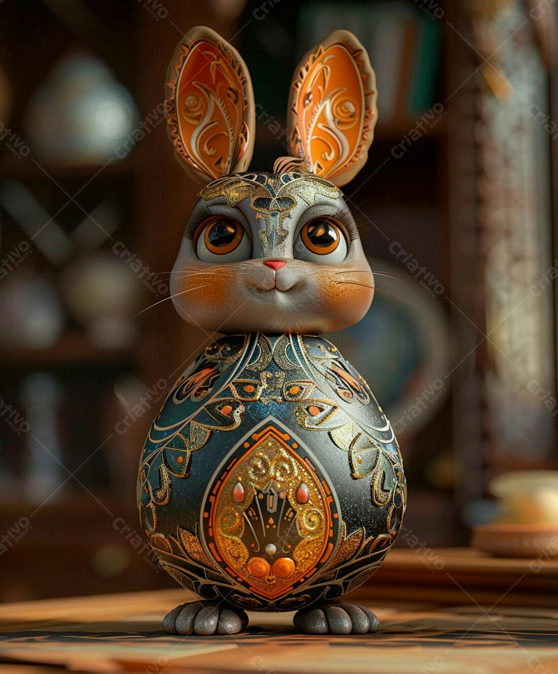 Coelho estilizado com pintura dourada e escura