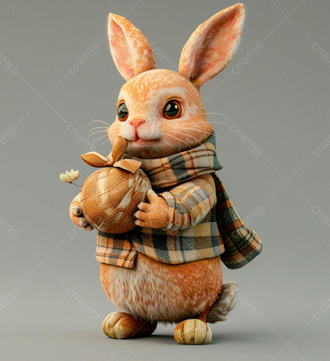 Coelhinho fofo com maçã em fundo cinza