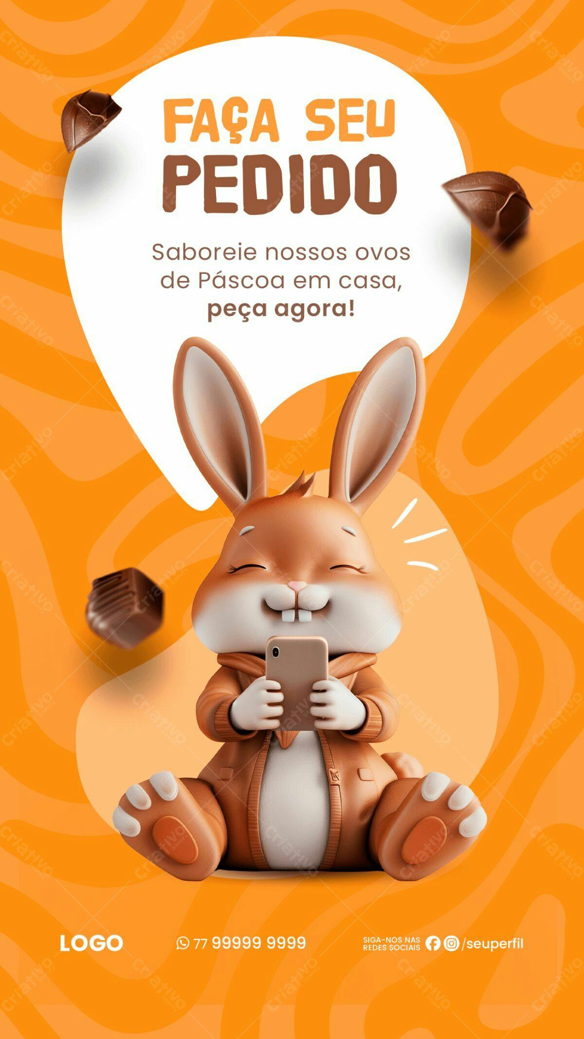 Flyer Páscoa com Coelho 3D PSD Editável