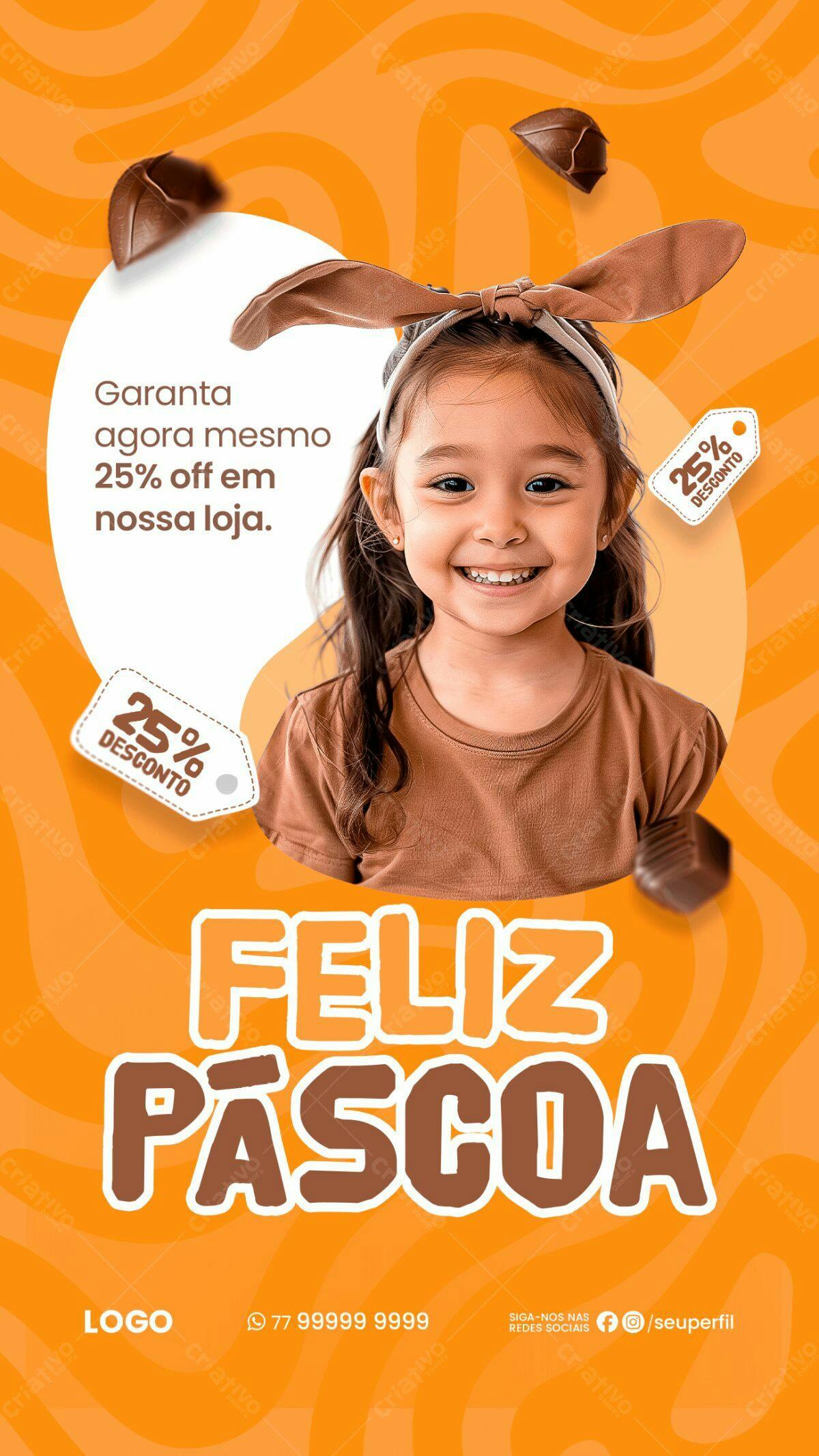 Flyer Páscoa com Menina e Ovos de Chocolate PSD Editável