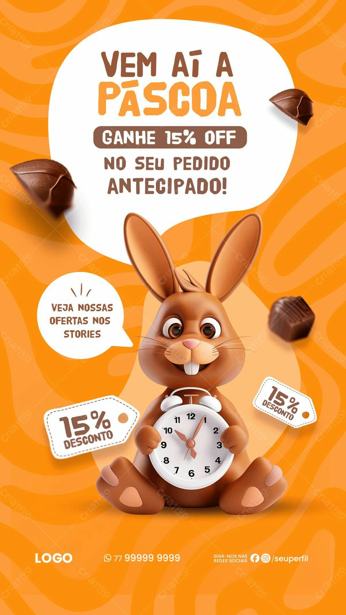 Flyer Páscoa com Coelho 3D PSD Editável