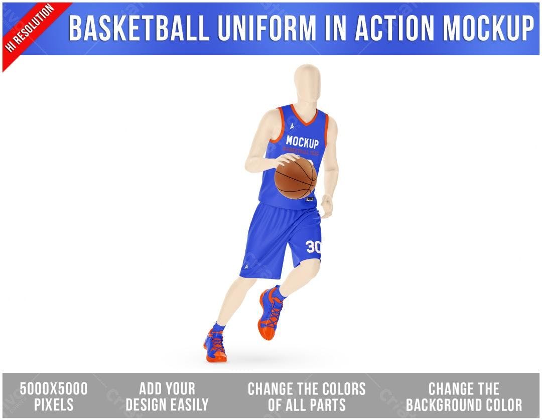 Mockup Uniforme Basquete Azul e Laranja PSD Editável