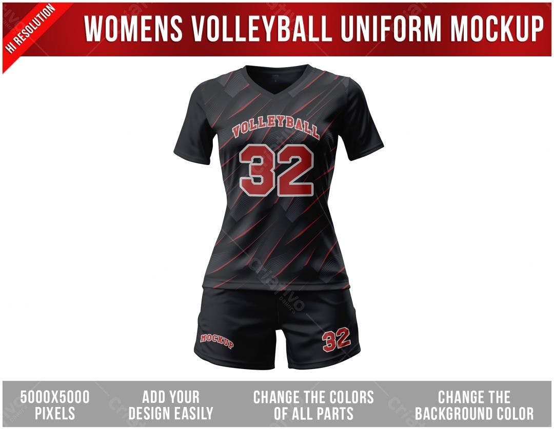 Mockup Uniforme Vôlei Feminino: Preto e Vermelho