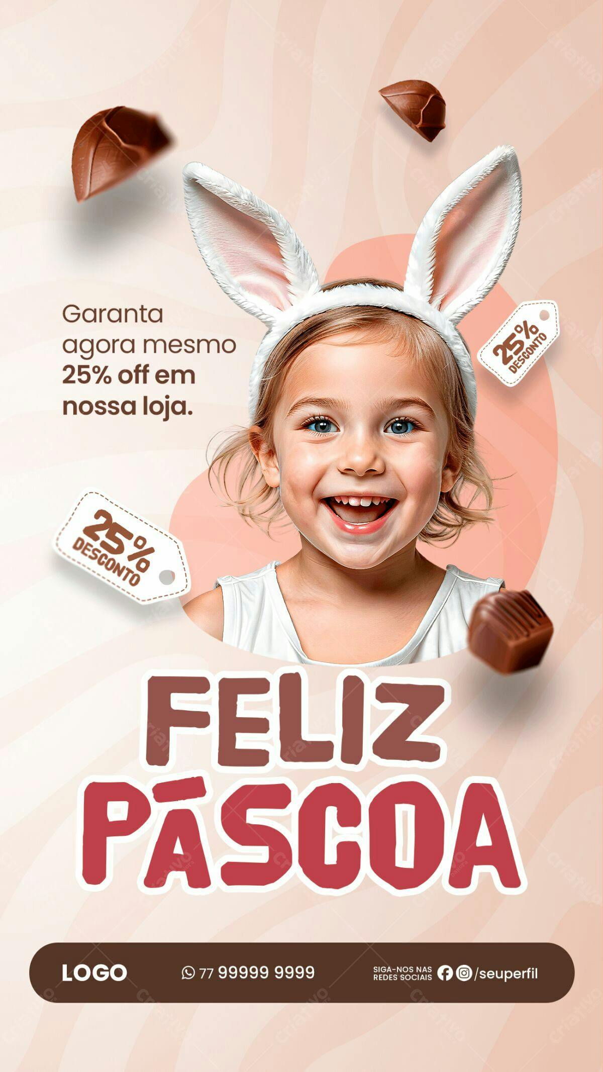 Flyer Páscoa com Menina e Chocolates PSD Editável