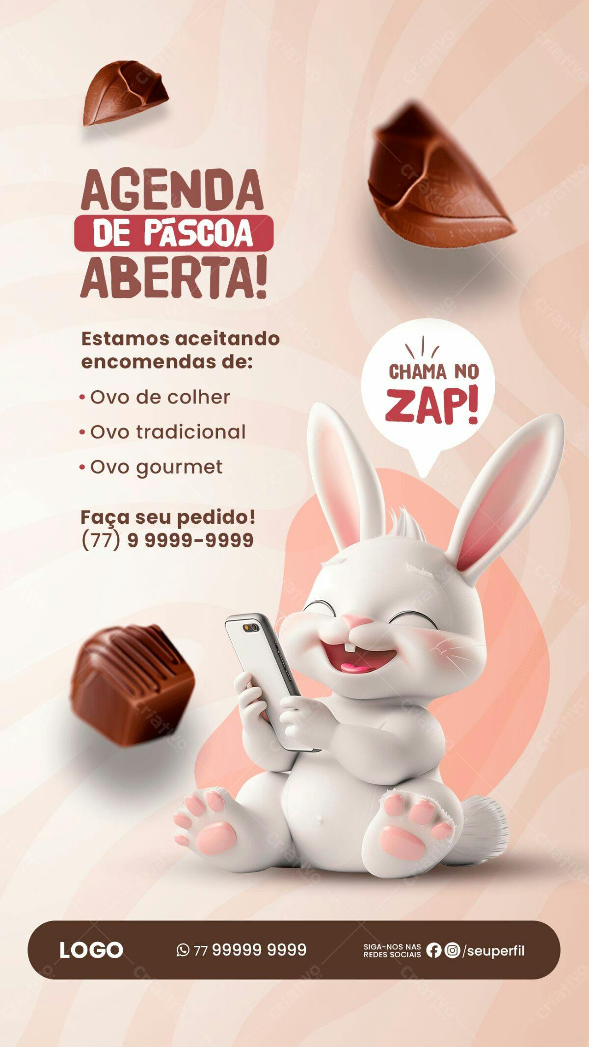 Flyer de Páscoa com Coelho 3D PSD Editável