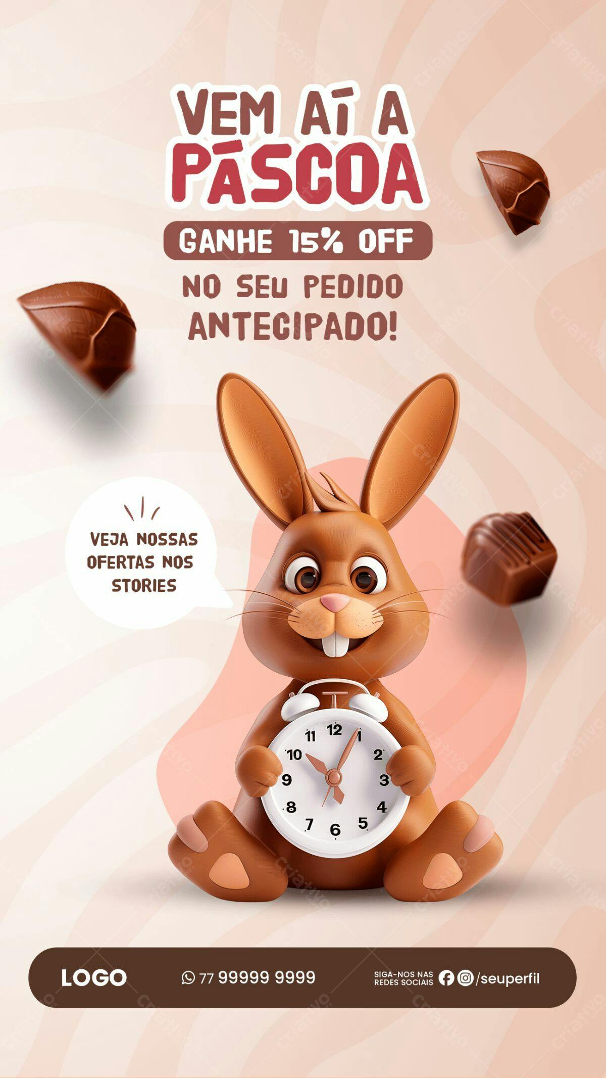 Flyer Páscoa com Coelho 3D PSD Editável