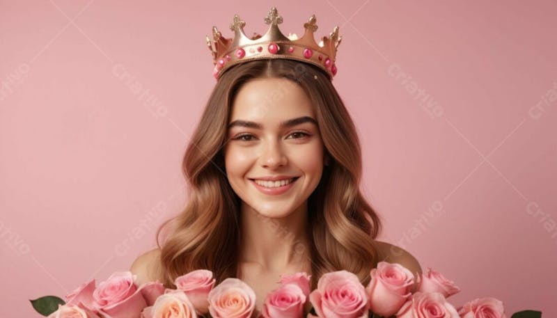 Composição tema dia da mulher com coroa gerada por i.a em fundo rosa com efeite de rosas v.17