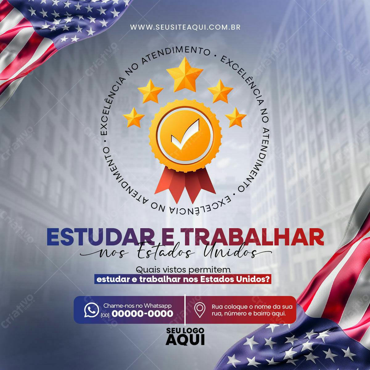 Flyer para Estudar e Trabalhar nos EUA PSD Editável