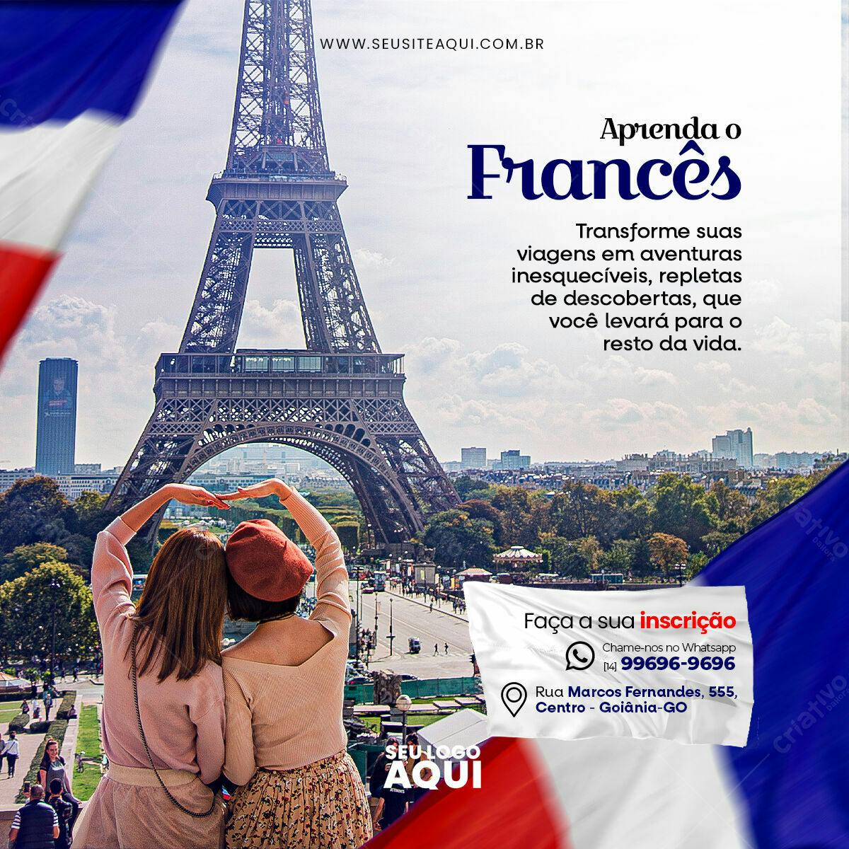 Flyer Curso Francês com Torre Eiffel PSD Editável