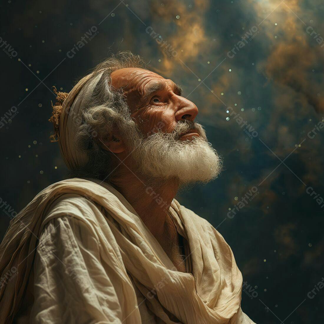 Homem idoso contemplativo sob céu noturno