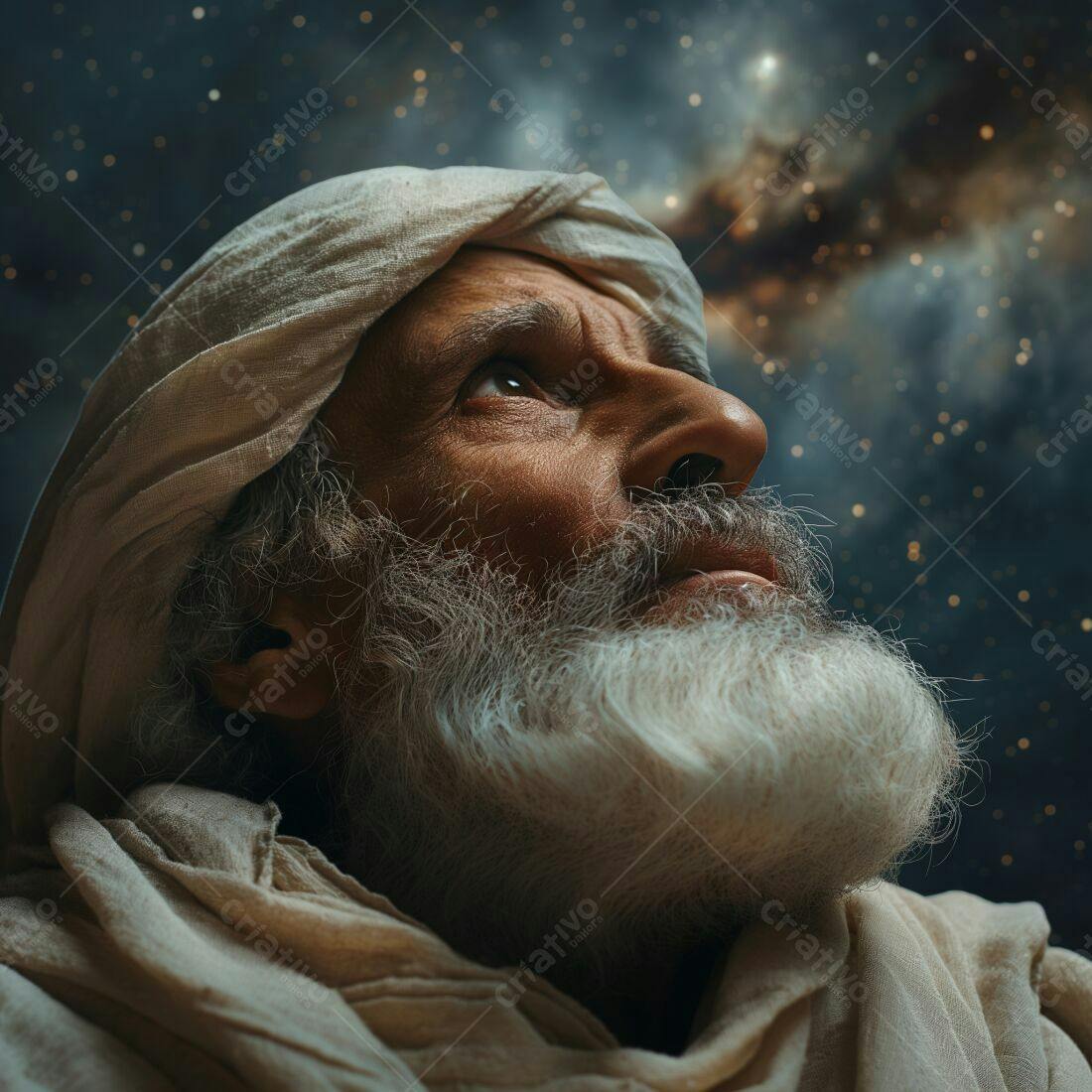 Homem idoso contemplativo sob um céu estrelado
