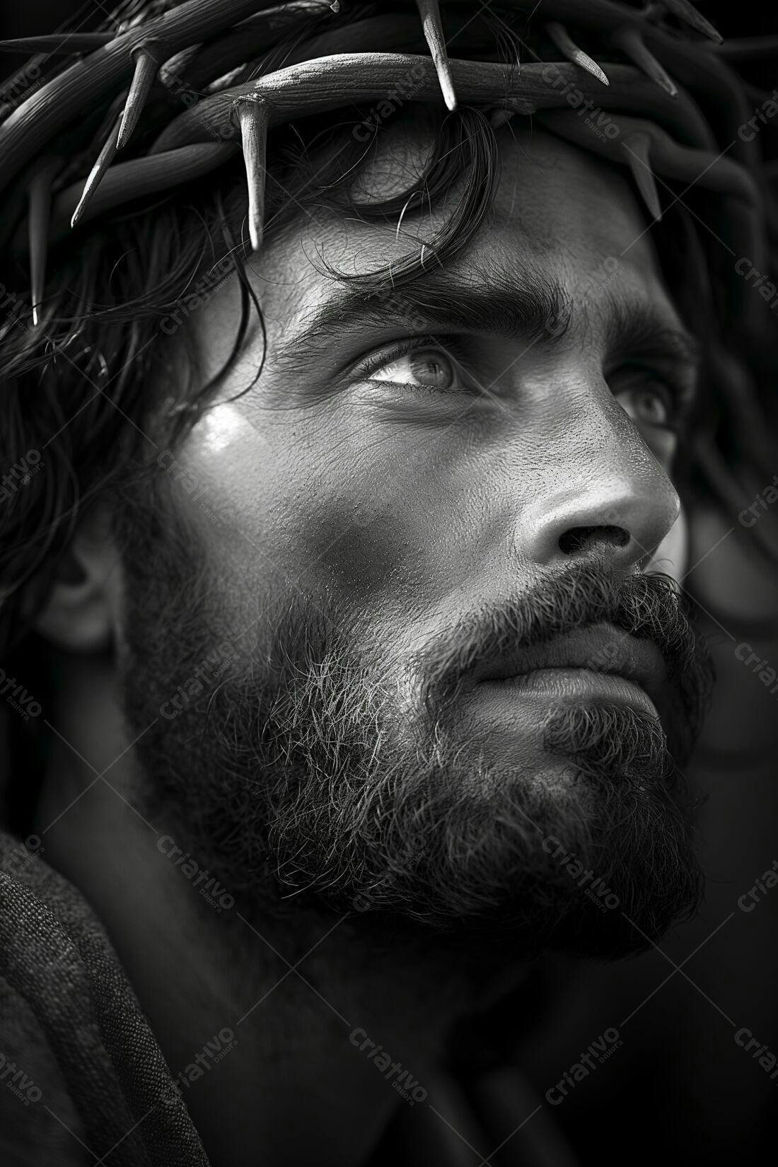 Homem com coroa de espinhos retrato monocromático