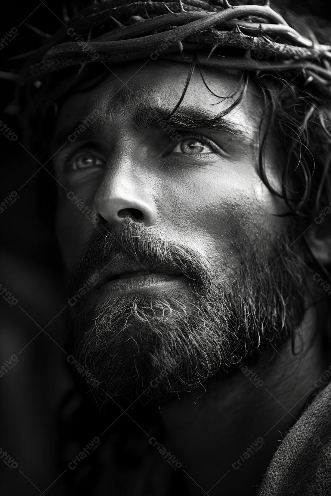 Homem com coroa de espinhos em foto preto e branco