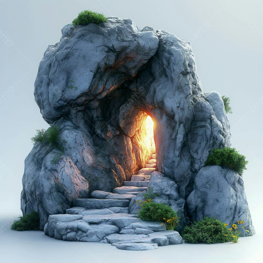Entrada de Caverna Iluminada com Escada de Pedra