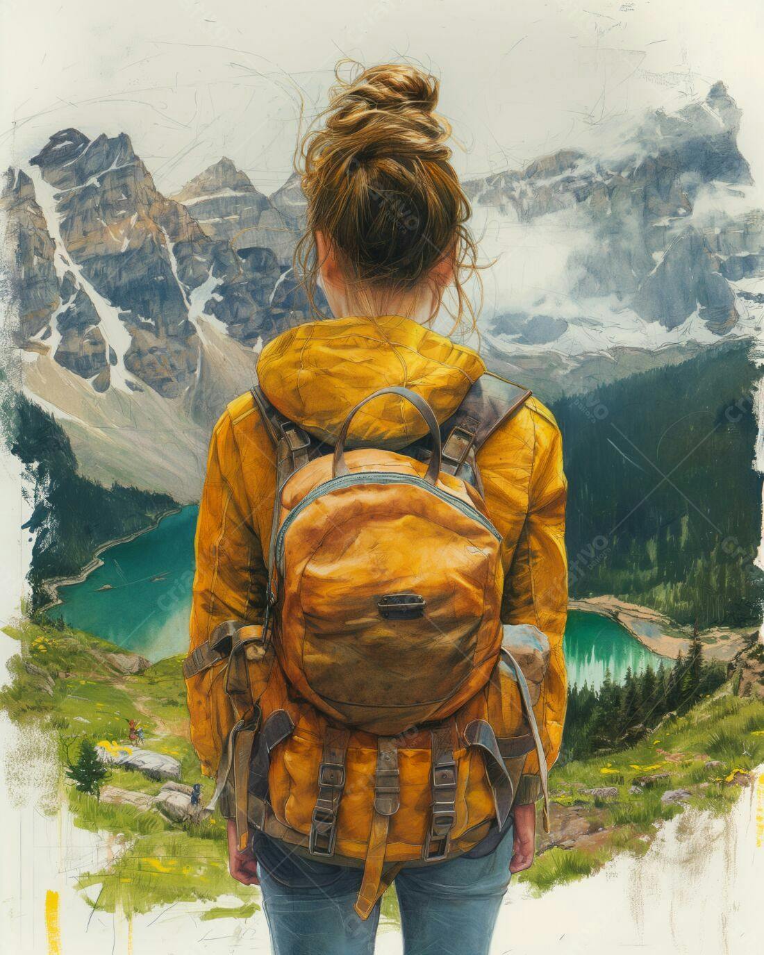 Mochila Amarela em Paisagem Montanhosa