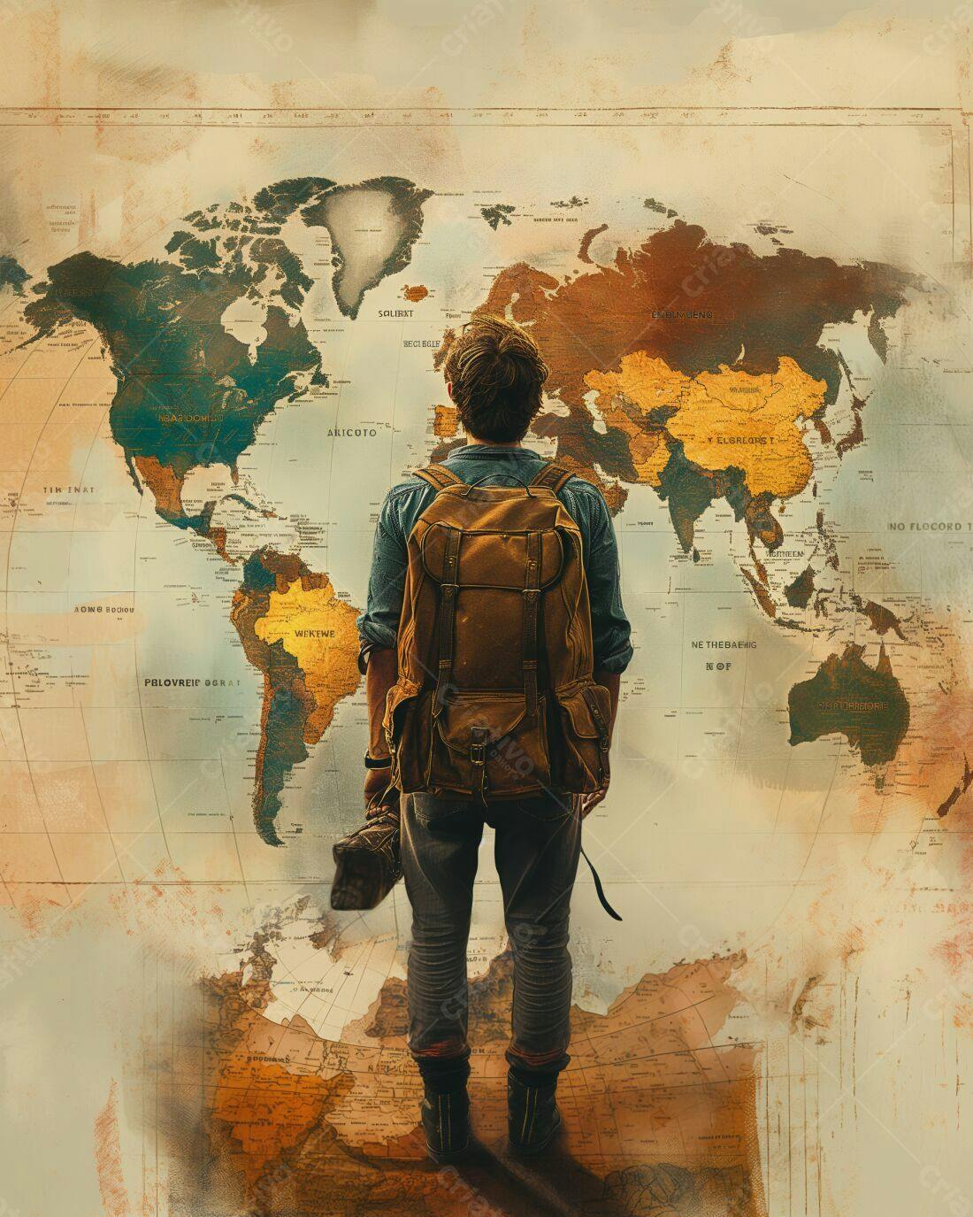 Mochileiro contemplando mapa mundial antigo
