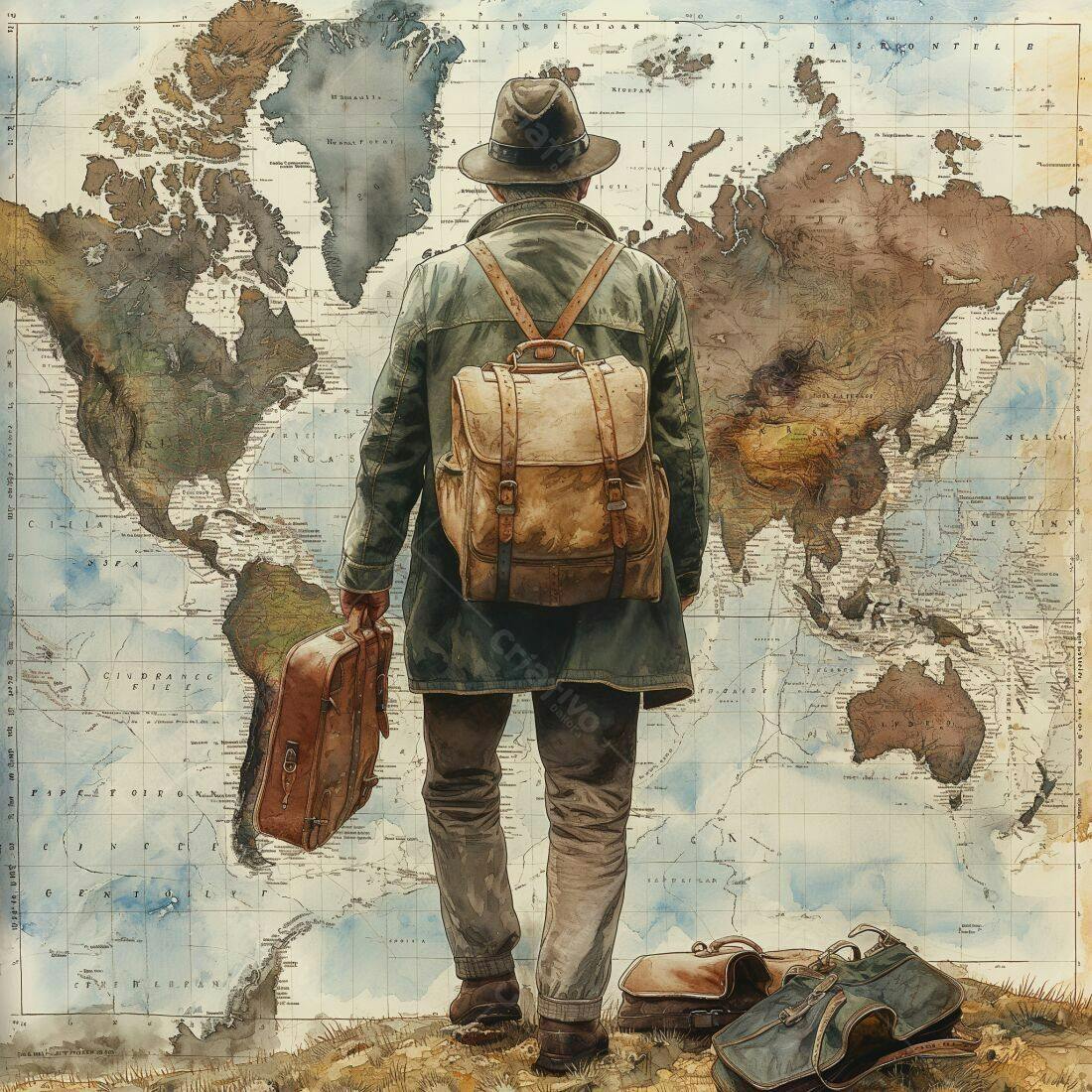 Homem com mochila diante de mapa antigo