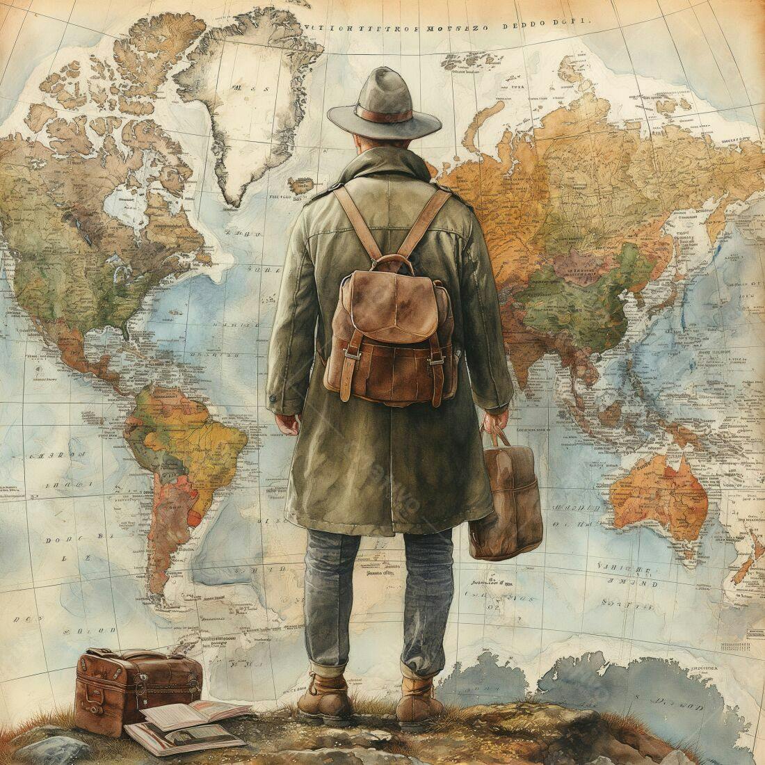 Homem contemplando mapa mundi antigo