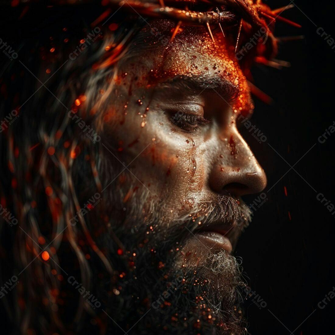 Homem com coroa de espinhos e sangue