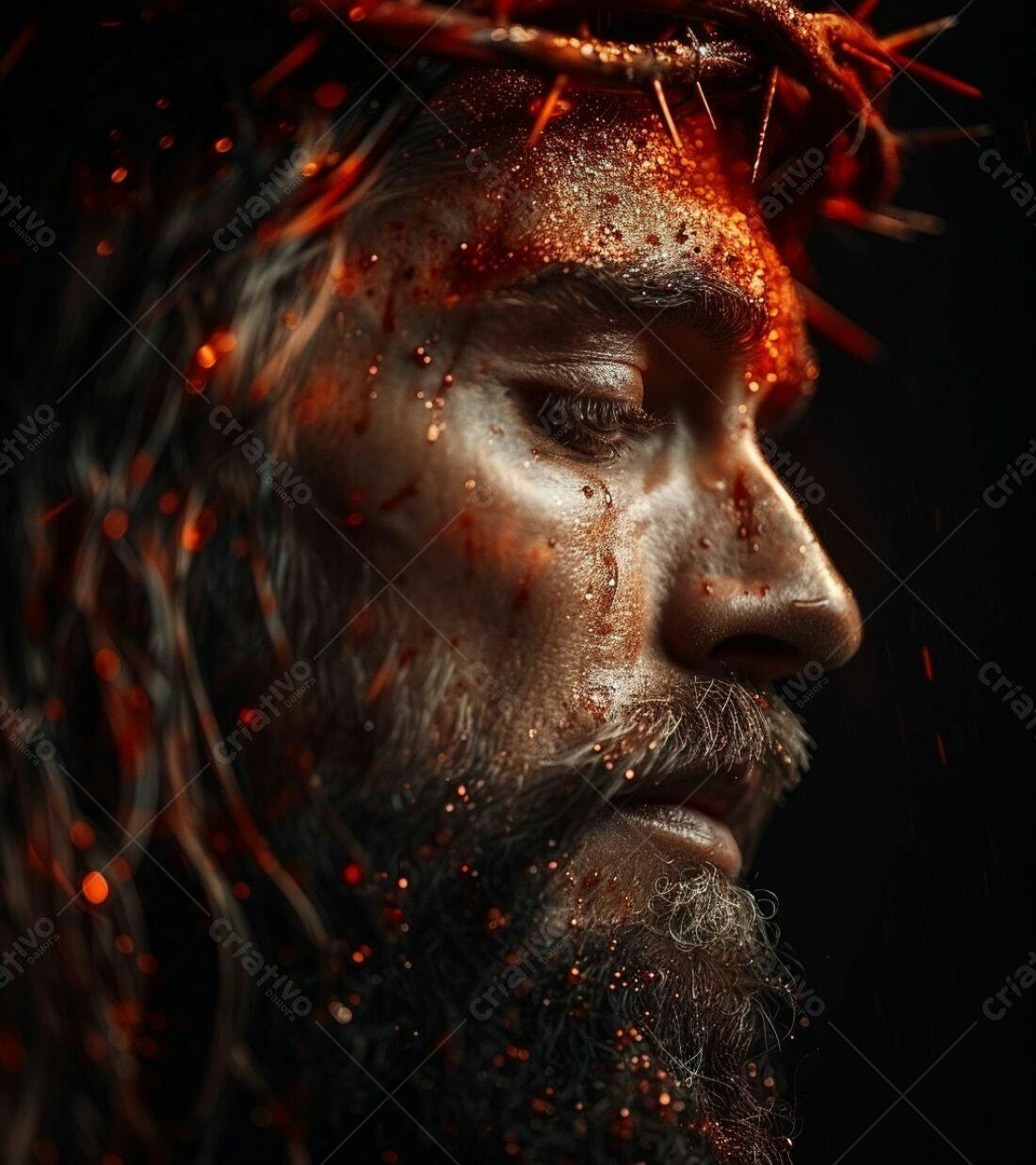 Homem com coroa de espinhos e sangue