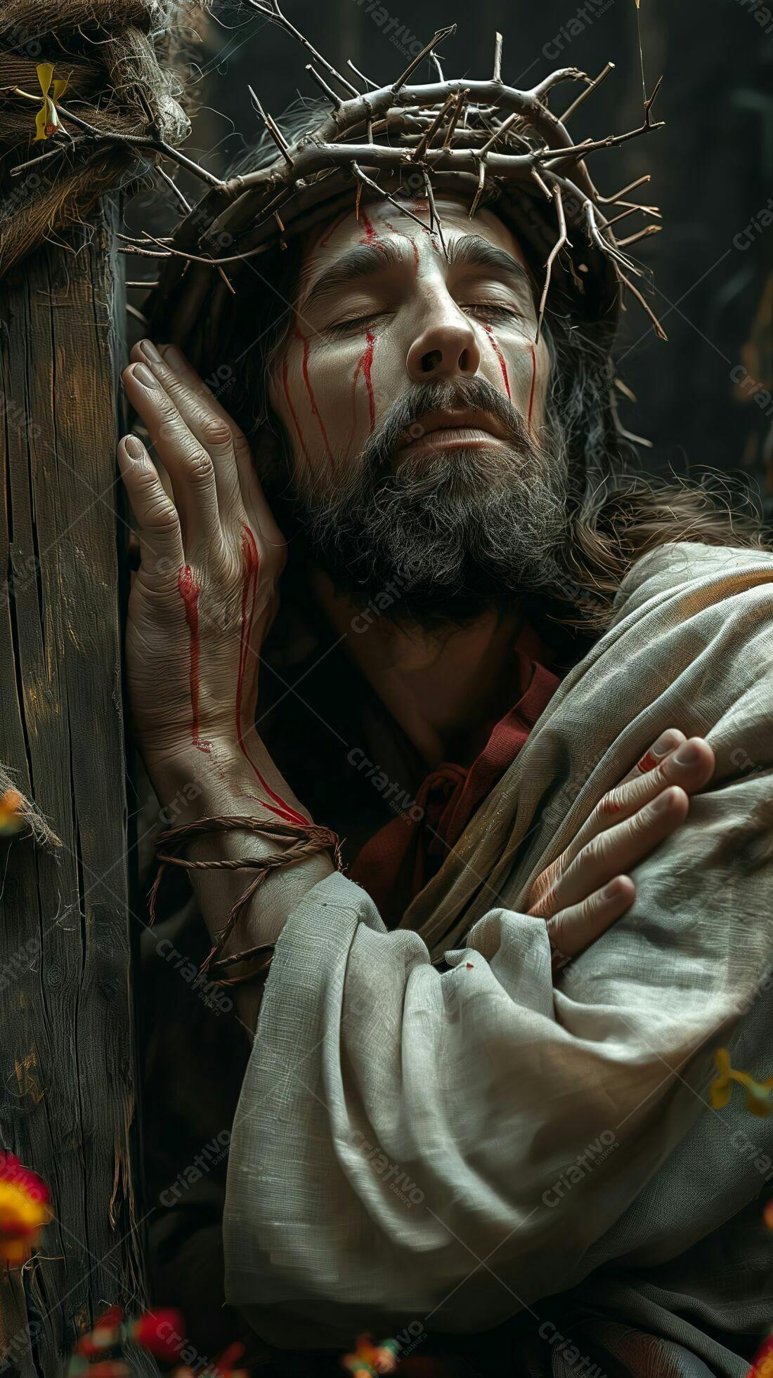 Jesus Cristo sofrendo na cruz tons escuros