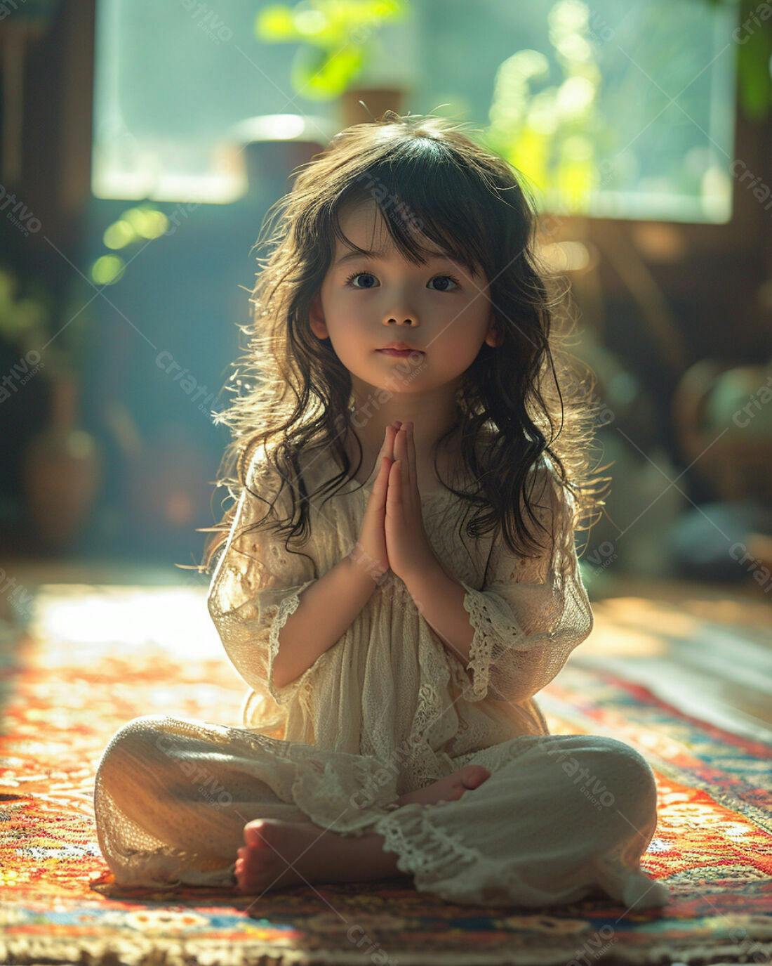 Menina asiática meditando em tapete colorido