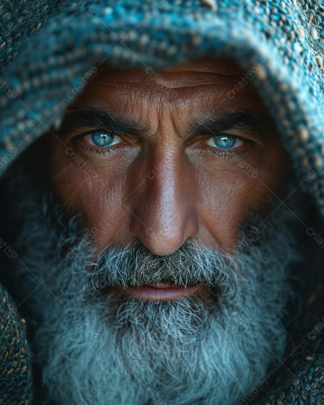 Homem com barba branca e olhos azuis sob capuz