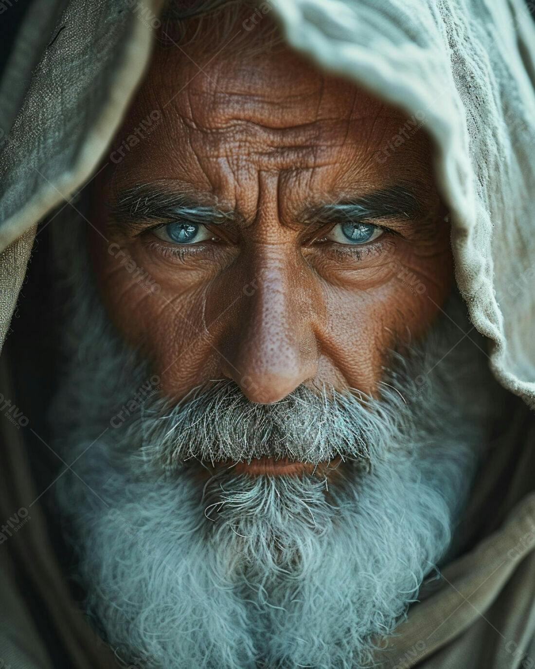 Homem idoso com barba branca e olhos azuis