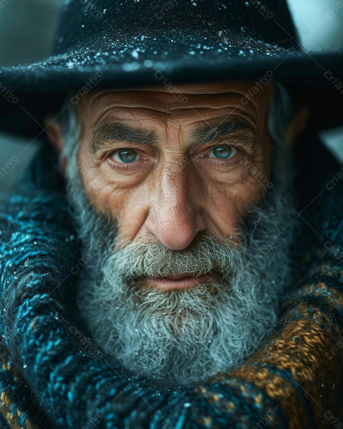 Homem idoso com barba branca e chapéu no inverno