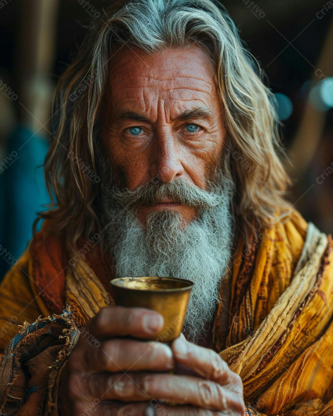 Homem idoso com barba branca segurando cálice dourado