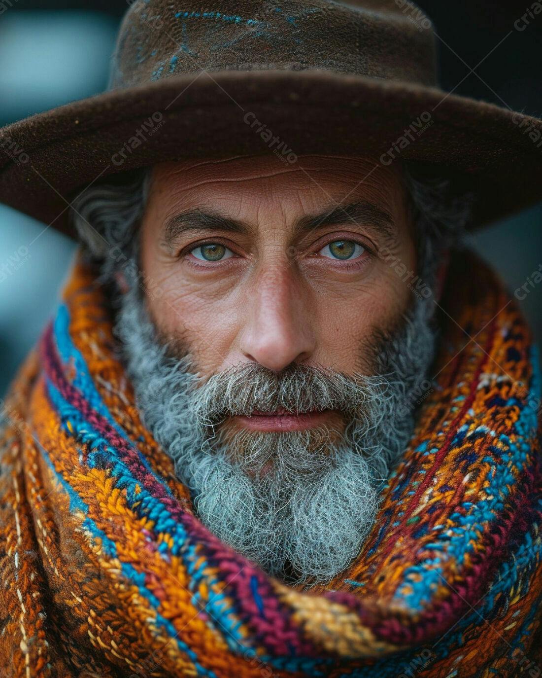 Homem barbudo com chapéu e cachecol colorido