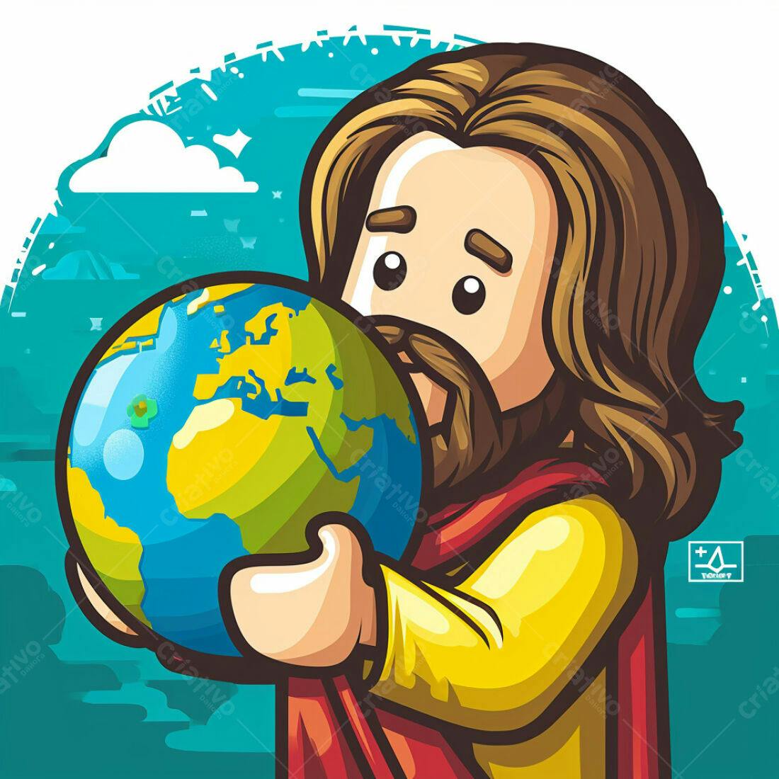 Jesus segurando o planeta Terra estilo cartoon
