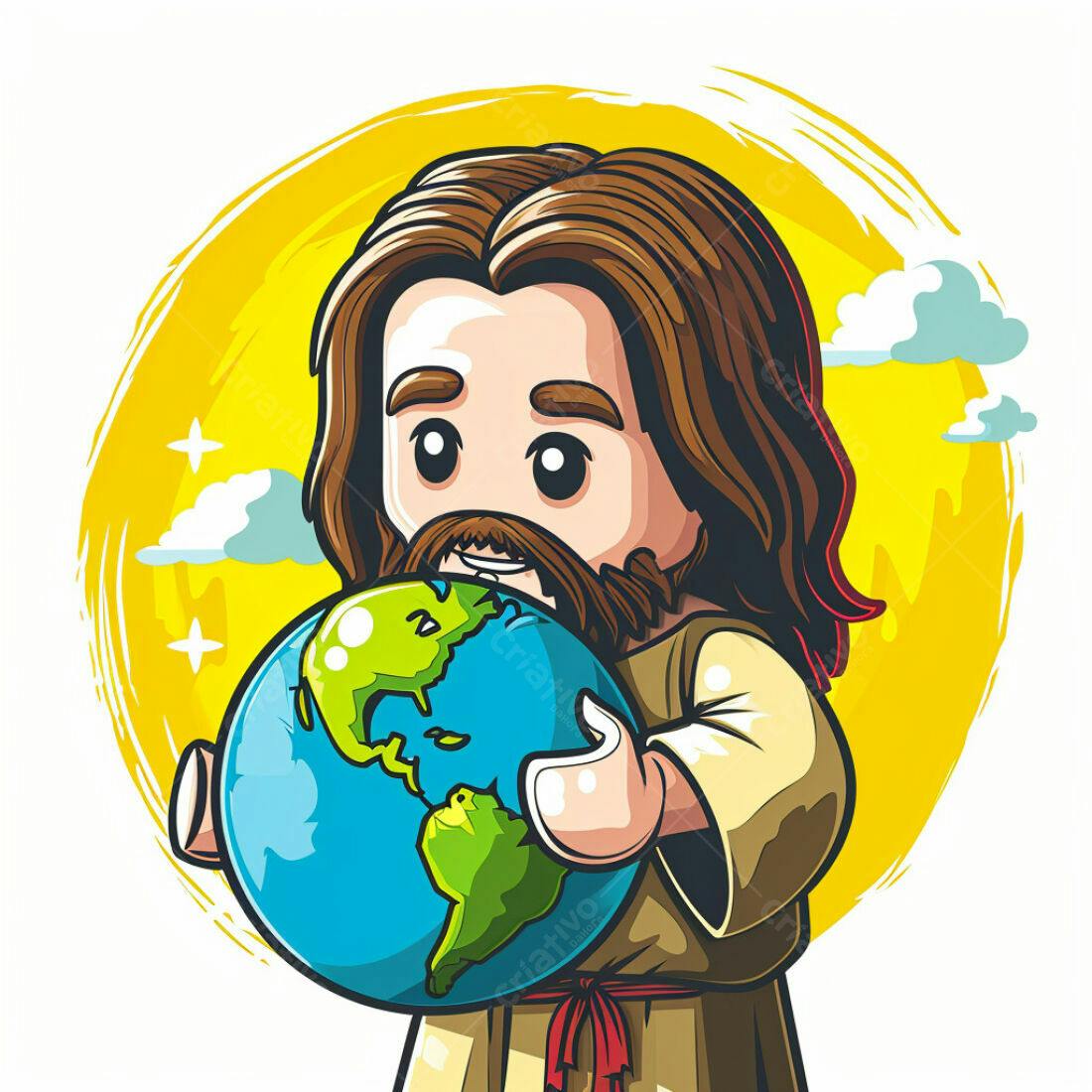 Jesus Cristo segurando a Terra ilustração estilo kawaii