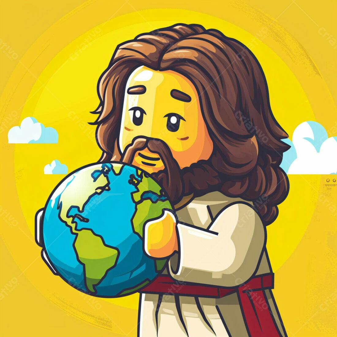 Jesus Lego segurando a Terra fundo amarelo