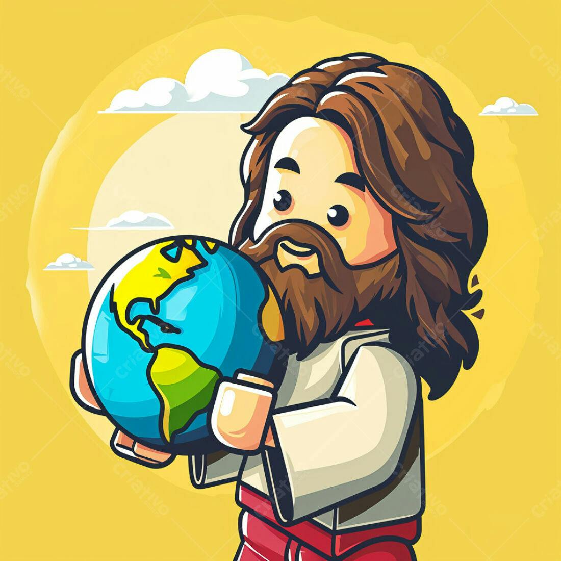 Jesus com o planeta Terra em desenho animado