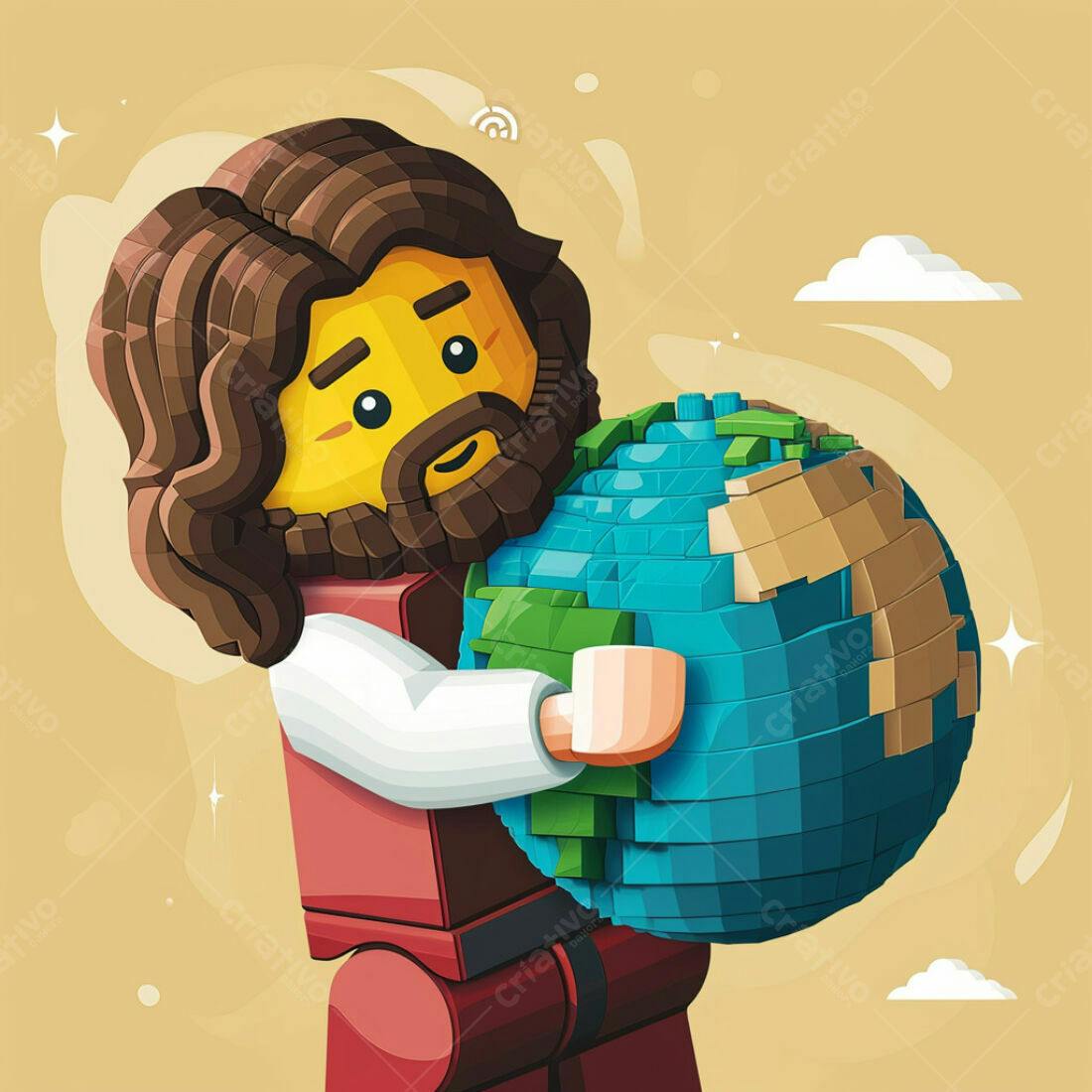Jesus Lego abraçando o planeta Terra
