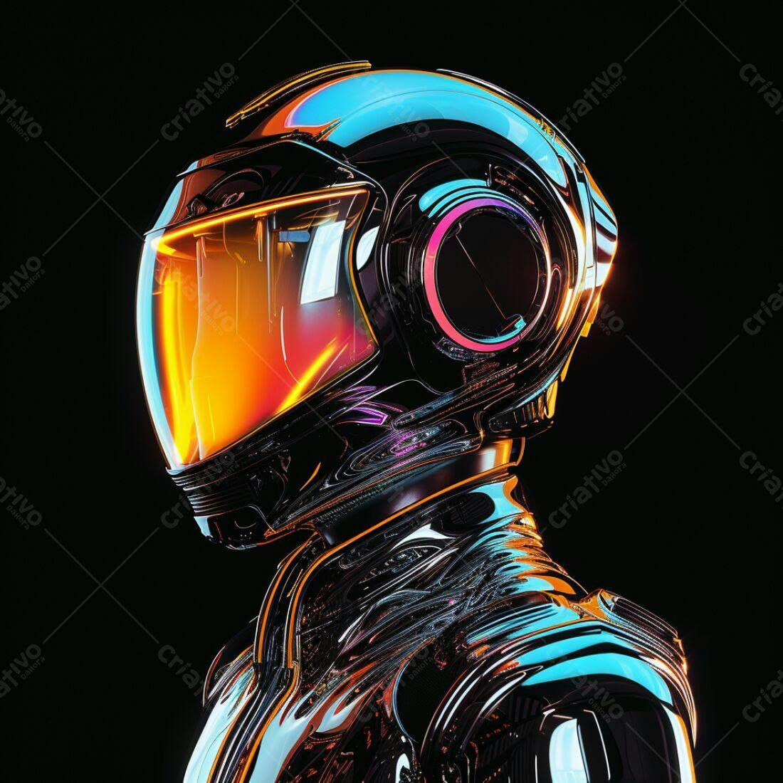 Astronauta futurista em traje metálico