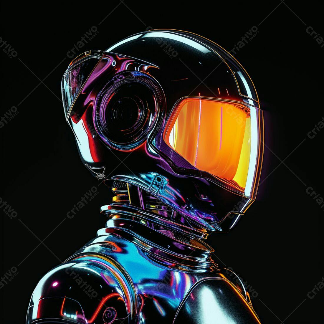 Robô futurista com capacete iridescente