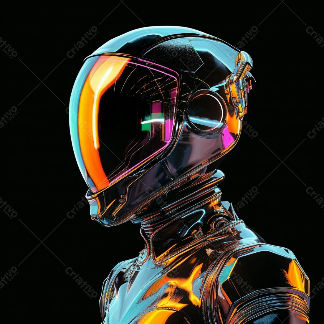 Astronauta futurista em traje metálico